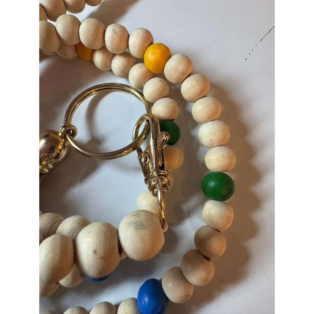 Natural Wood Beaded Lanyard Keychain with Colorful Accents and‎ Tassel Gold Tone